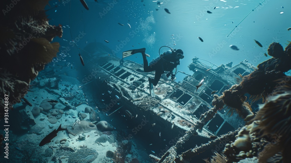 Scuba diver explores an underwater shipwreck surrounded by marine life ...