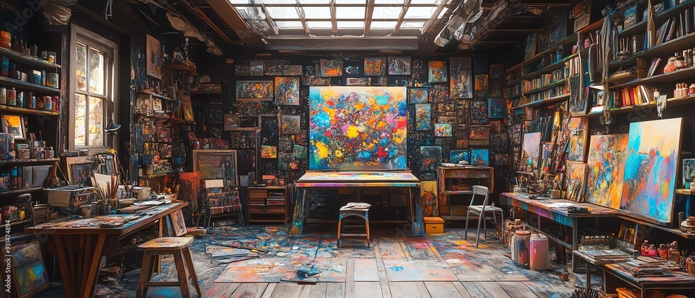 Fototapeta premium Realistic wide panoramic image of artists studio