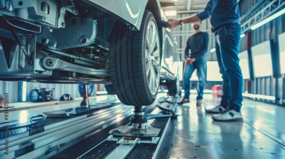 A sleek, modern car is elevated on a platform in a well-lit workshop, with two engineers inspecting it, showcasing automotive technology and precision. A sleek, modern car is elevated on a platform in a well-lit workshop, with two engineers inspecting it, showcasing automotive technology and precision.