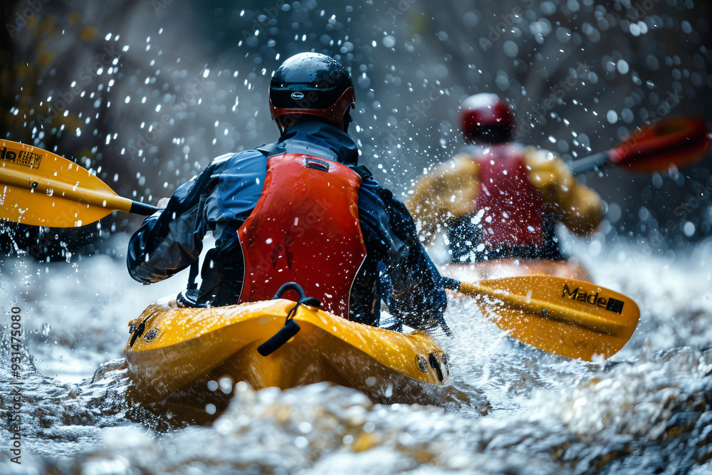 Naklejka premium Happy people spending summer time kayaking fishing boating hobby water sports, Generative AI photo