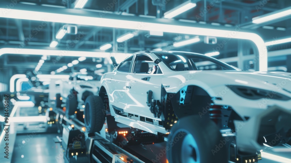 A futuristic white car undergoing assembly in a state-of-the-art automotive factory, emphasizing advanced technology and precision. A futuristic white car undergoing assembly in a state-of-the-art automotive factory, emphasizing advanced technology and precision.