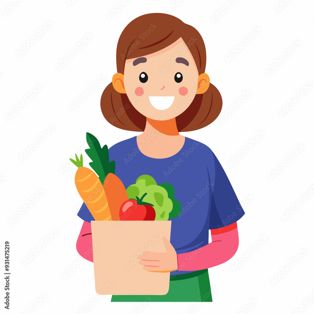 Young Asian woman holding shopping bag with fresh vegetables and fruits ...