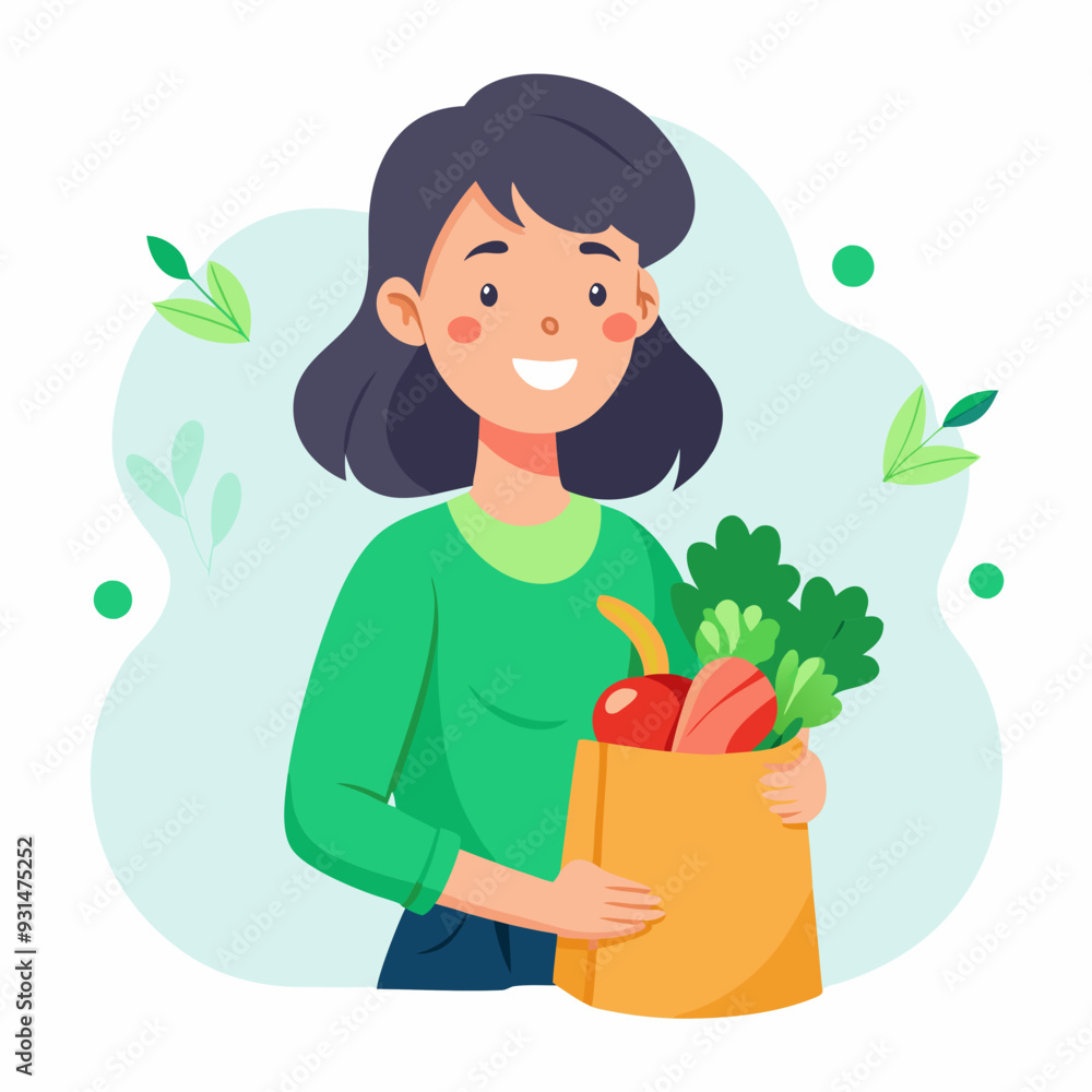 Young Asian woman holding shopping bag with fresh vegetables and fruits ...