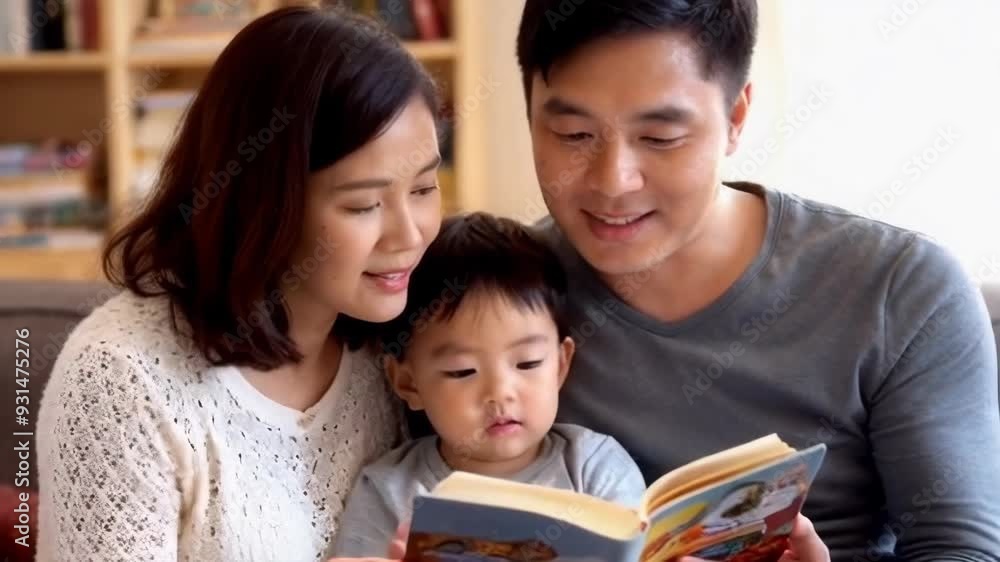 Asian young parents with their young son reading a storybook in the living room. Asian young parents with their young son reading a storybook in the living room.
