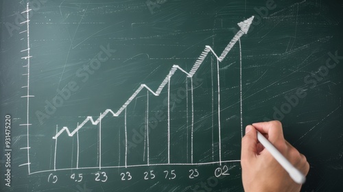 Hand sketching a sharply rising graph on a chalkboard, representing growth, progress, and success in a business or educational context.