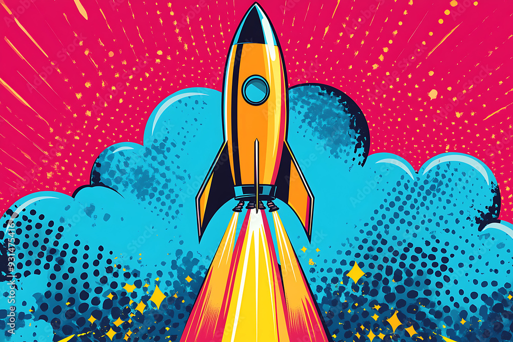 A rocket illustrated in pop art style, featuring bold colors, dynamic patterns, and comic book-inspired elements A rocket illustrated in pop art style, featuring bold colors, dynamic patterns, and comic book-inspired elements