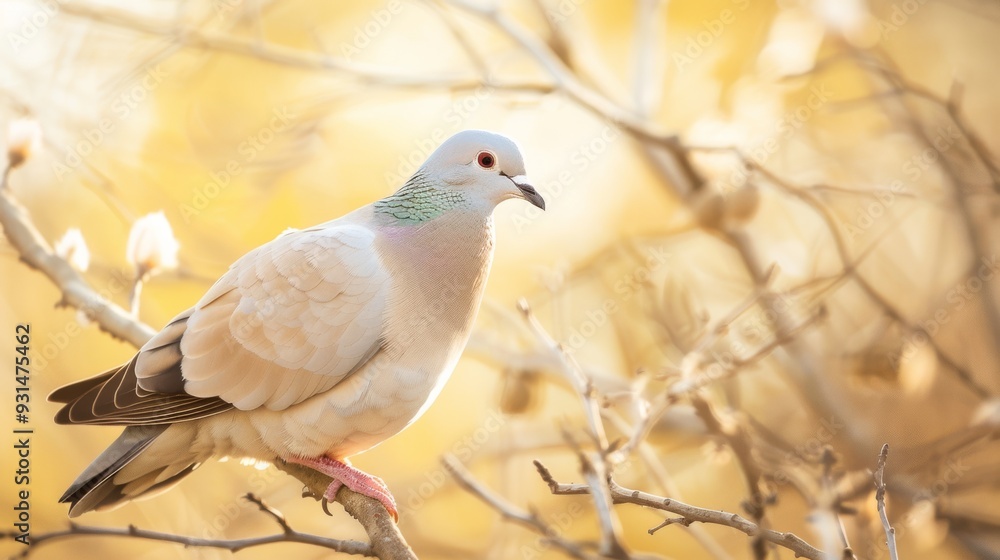 A sole dove perches gracefully on a twig, bathed in the soft, golden light of dawn, surrounded by blurred branches, creating a serene, natural scene. A sole dove perches gracefully on a twig, bathed in the soft, golden light of dawn, surrounded by blurred branches, creating a serene, natural scene.