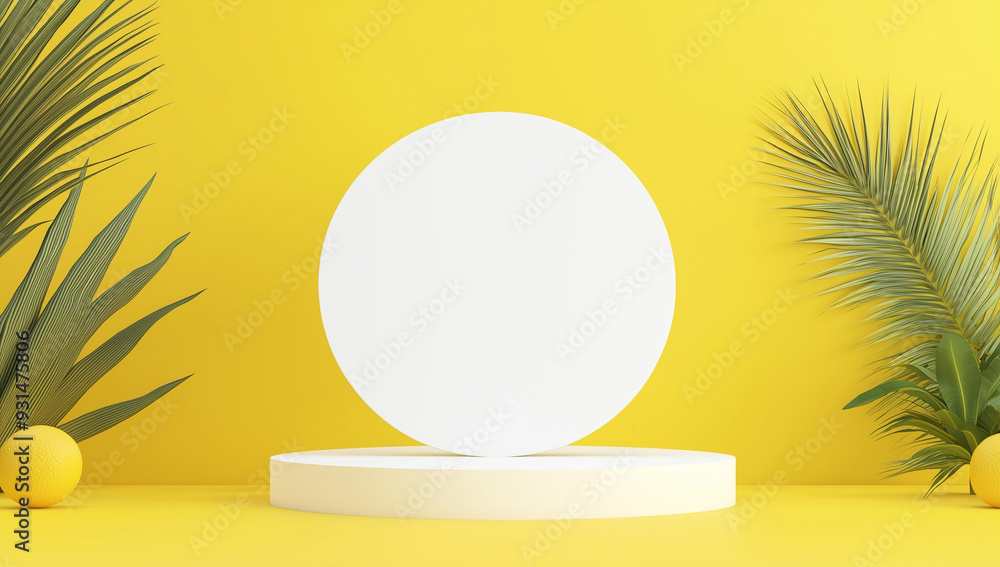 Minimalist Yellow Background with Pedestal and Palm Leaves Minimalist Yellow Background with Pedestal and Palm Leaves