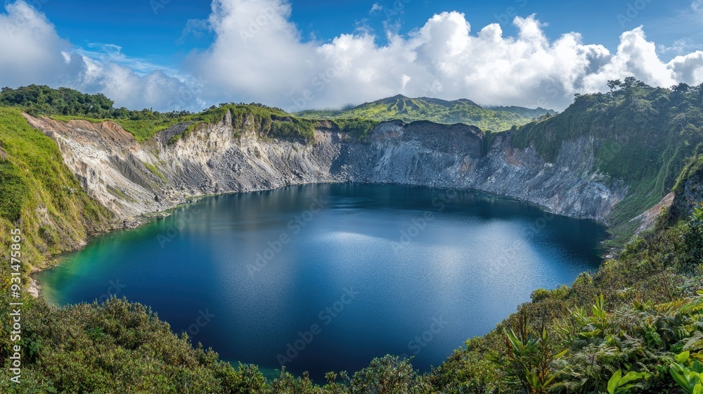 A peaceful volcanic crater lake with glassy water reflecting the sky, encircled by rugged terrain and dense vegetation. A peaceful volcanic crater lake with glassy water reflecting the sky, encircled by rugged terrain and dense vegetation.