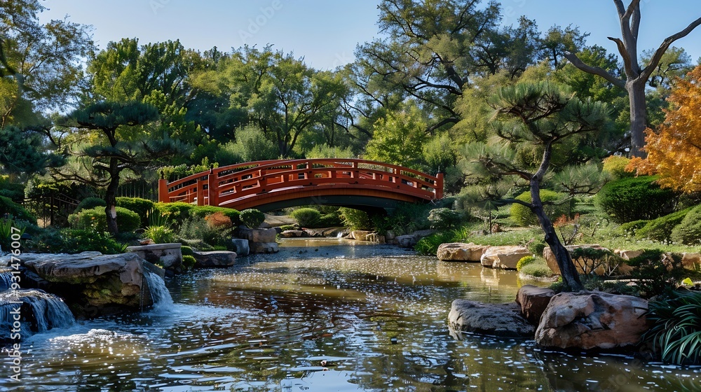 Daytime view of the Japanese garden of Amarillo Botanical Gardens at Texas : Generative AI
