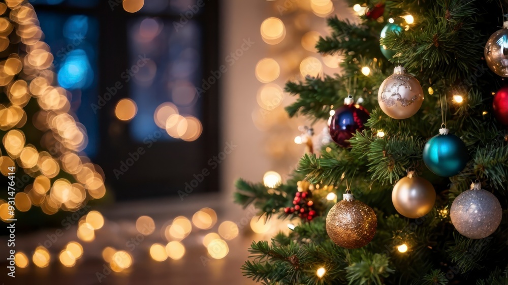 Christmas tree adorned with baubles, bokeh lights in background Christmas tree adorned with baubles, bokeh lights in background