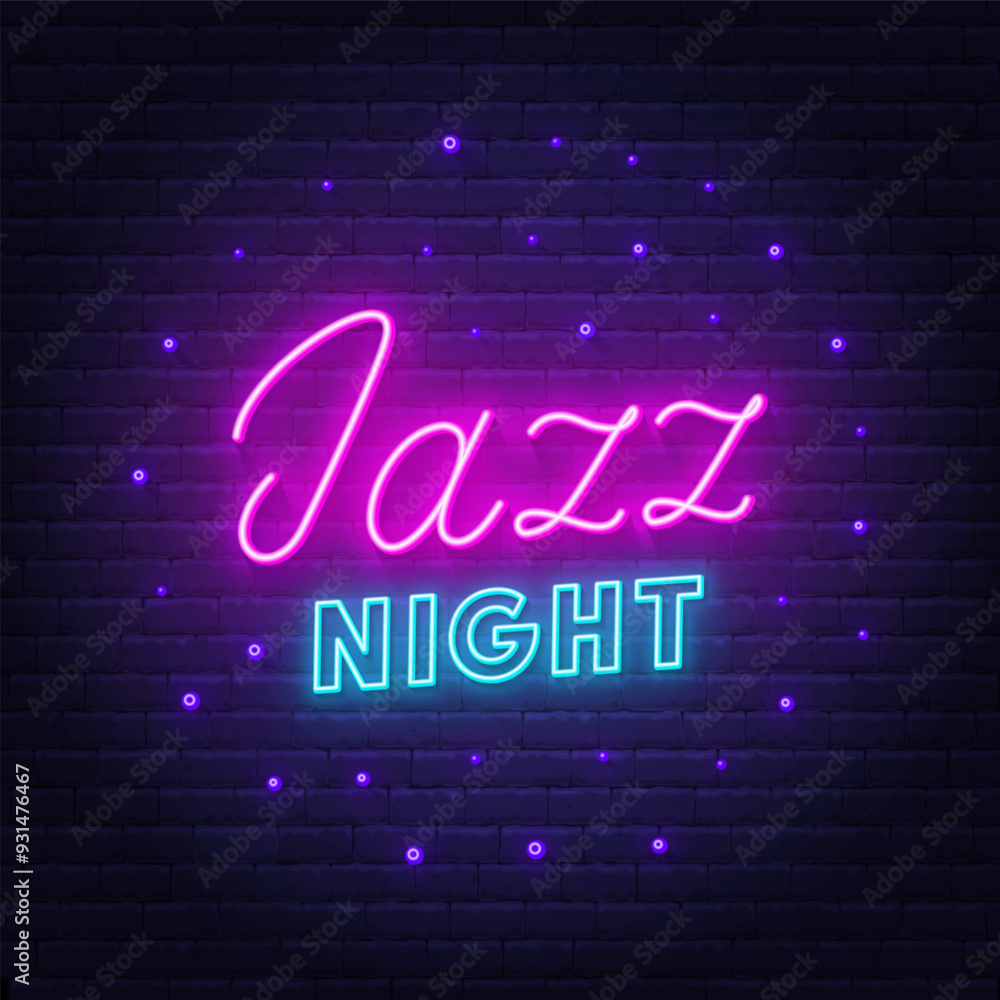Jazz Night neon lettering on brick wall background Jazz Night neon lettering on brick wall background