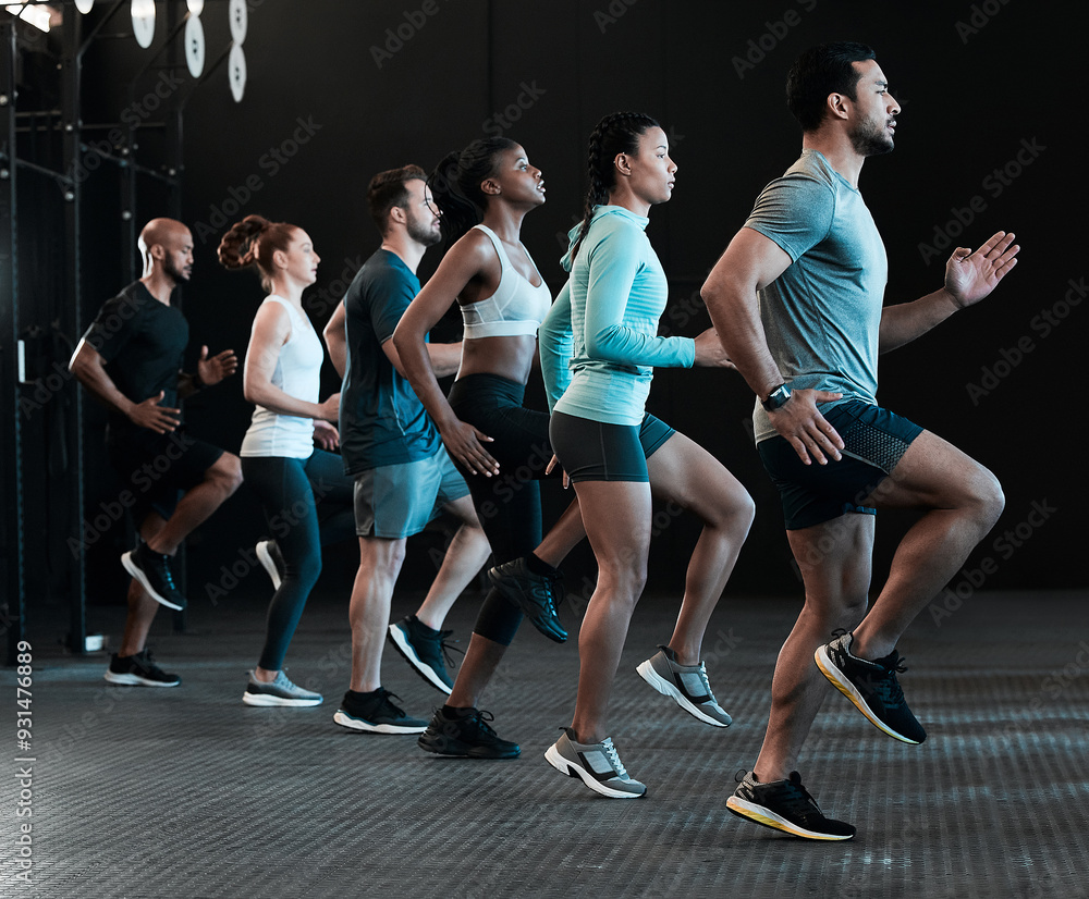 Fototapeta premium Group, exercise and cardio training or fitness, workout and gym class, club or team running for challenge. People, personal trainer or friends exercising for weight loss, endurance and health
