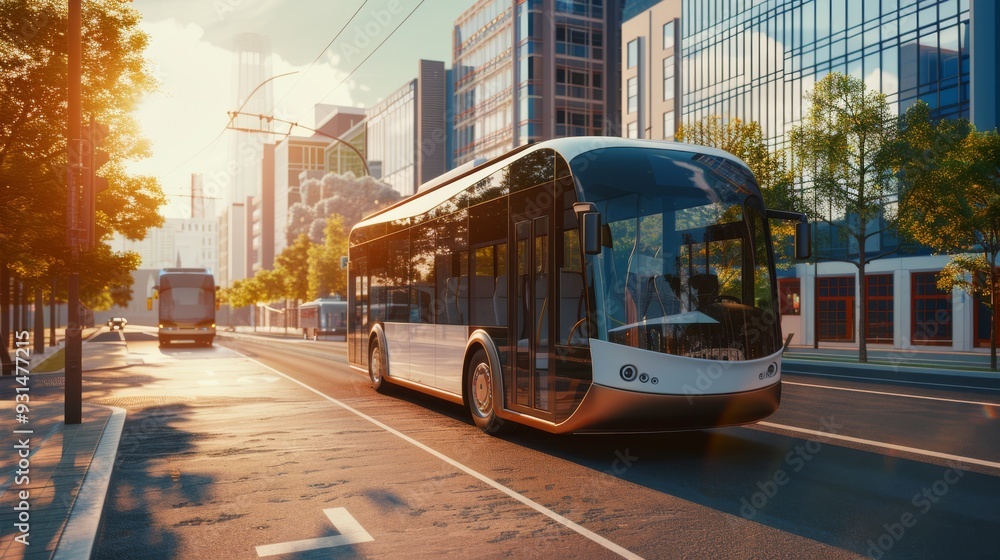 Obraz premium A sleek, modern city bus travels along a sunny urban street lined with trees and contemporary buildings, showcasing the future of public transportation.