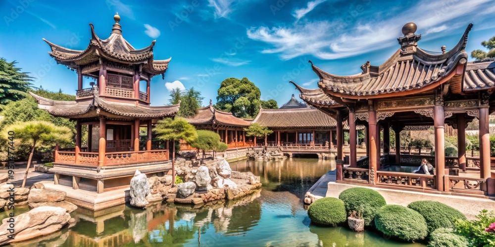 Fototapeta premium Serenely beautiful traditional Chinese garden featuring intricately carved wooden pavilions, ornate lanterns, and vibrant greenery amidst tranquil waters and majestic stone sculptures.
