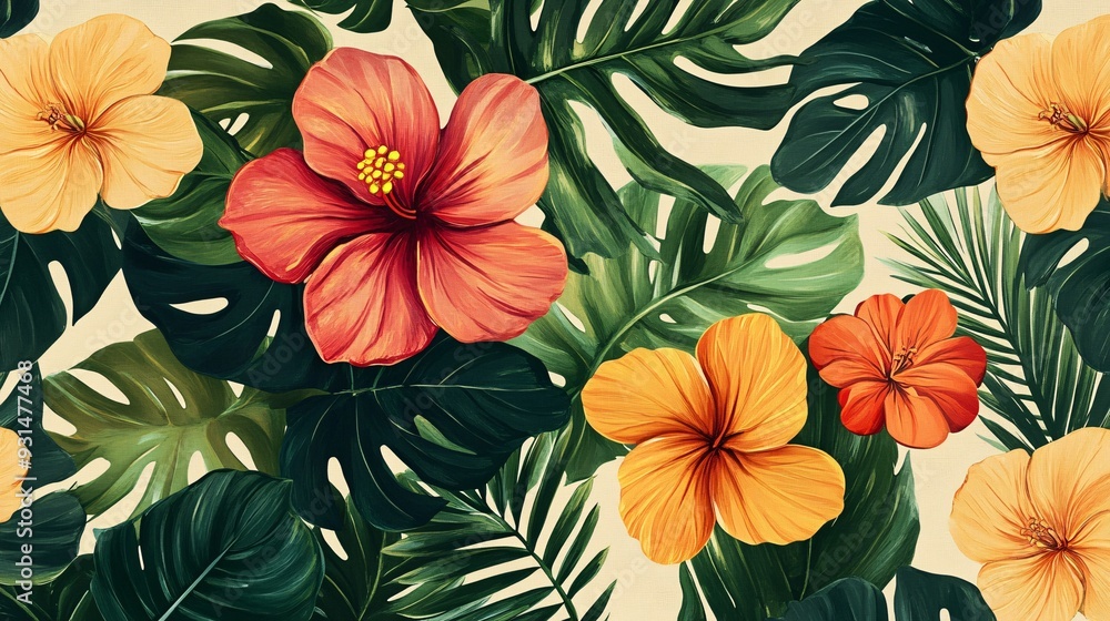 Pattern of tropical flowers in bright colors with lush green leaves on a light background Pattern of tropical flowers in bright colors with lush green leaves on a light background