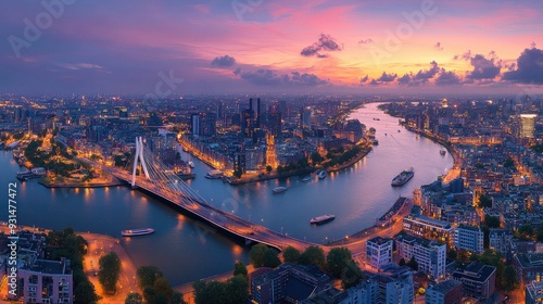 A sweeping aerial panorama of Rotterdam city with Erasmus Bridge, vibrant lights, and the winding Maas River at dusk.