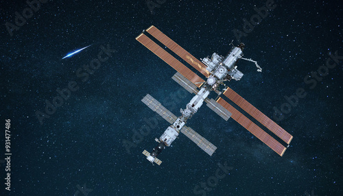 Fototapeta Naklejka Na Ścianę i Meble -  ISS space station flies in starry space and explores deep space. Space mission and ISS. Communication and technology. Science, concept