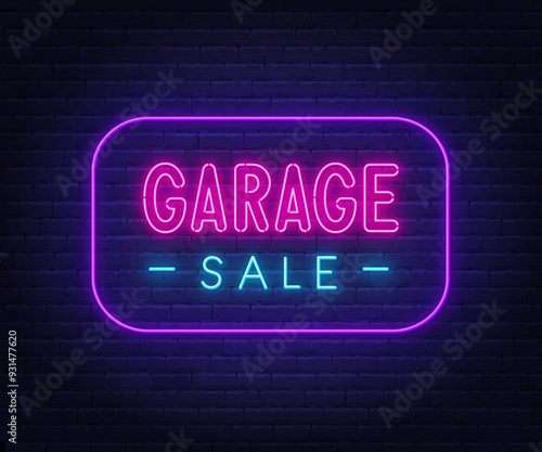 Garage Sale neon sign in speech bubble on brick wall background.