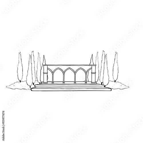 Antique colonnade with stairs steps and cypress trees landscape of Temple Mount in Jerusalem line vector illustration. Black and white Italian Roman architecture with columns in simple flat style