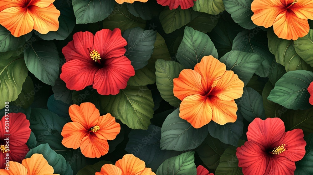 Pattern of tropical hibiscus flowers in bright red and orange with green leaves Pattern of tropical hibiscus flowers in bright red and orange with green leaves