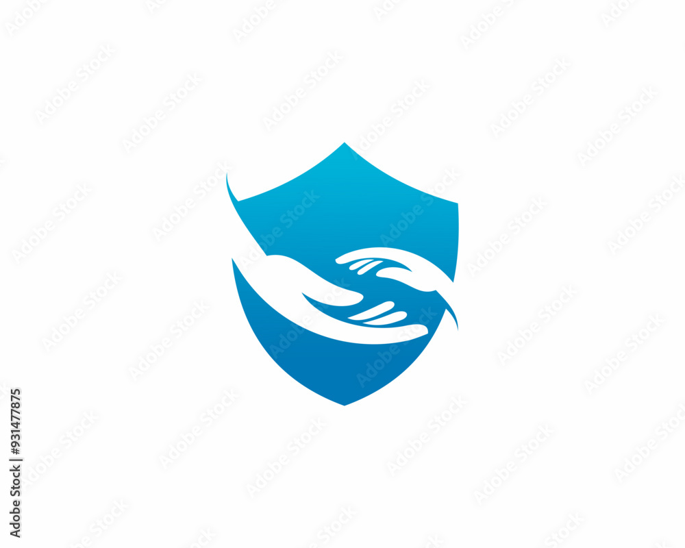 Logo of adult and child hands on abstract shield in blue and white isolated. Family logotype with negative space. Palm icon Logo of adult and child hands on abstract shield in blue and white isolated. Family logotype with negative space. Palm icon
