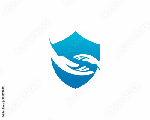 Logo of adult and child hands on abstract shield in blue and white isolated. Family logotype with negative space. Palm icon