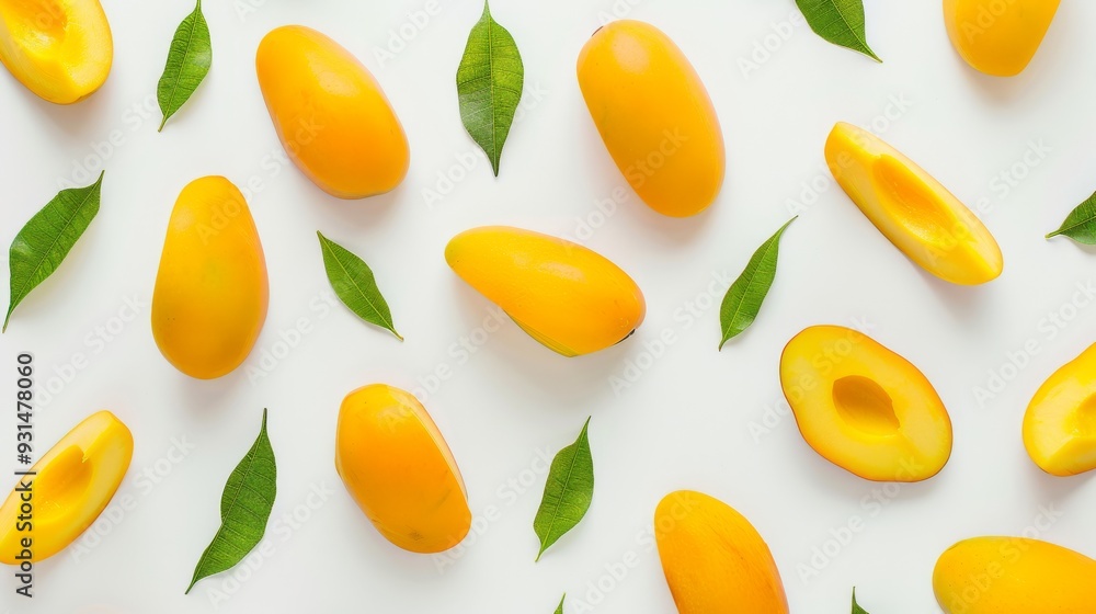 Fresh yellow mangos and green leaves artistically arranged on a white backdrop, showcasing a vibrant and tropical aesthetic. Fresh yellow mangos and green leaves artistically arranged on a white backdrop, showcasing a vibrant and tropical aesthetic.