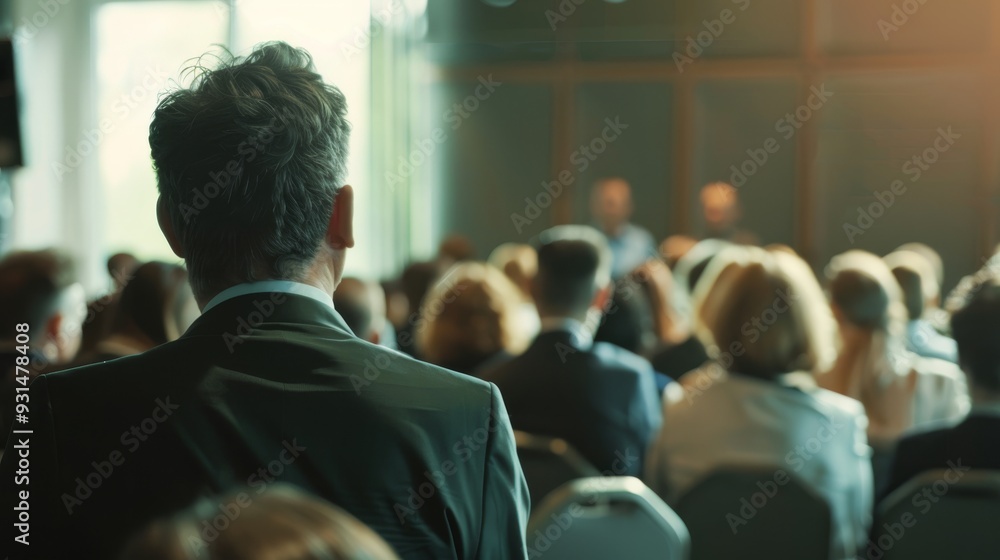 Obraz premium An elegantly dressed man stands in the background, observing a business conference with an attentive audience, bathed in warm light.
