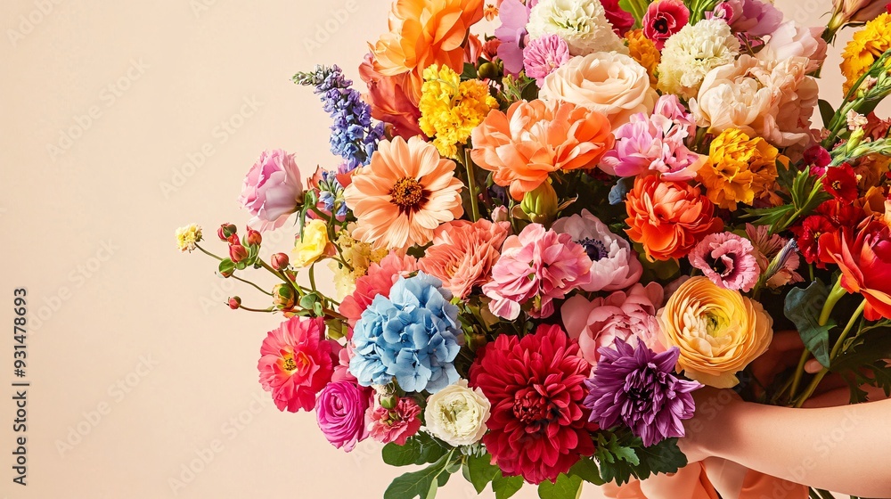 A close-up view of a florist's hands arranging a vibrant bouquet of mixed flowers on a light solid color background A close-up view of a florist's hands arranging a vibrant bouquet of mixed flowers on a light solid color background