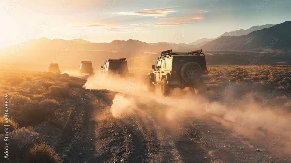 Fototapeta premium Vehicles drive through a dusty path in a vast, open landscape against a backdrop of distant mountains and a setting sun, evoking adventure.