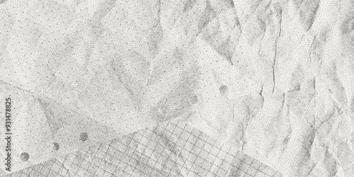 Black dusty textured background, sheets of crumpled checkered, dotted, craft paper. Noisy gritty dot halftone effect, retro banner in grunge style, overlay. Torn out notebook pages.