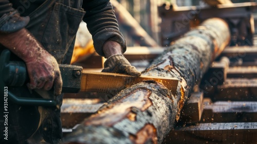 Close-up of a worker's hands using a power saw to cut through a rough log, highlighting manual labor and craftsmanship in woodworking.