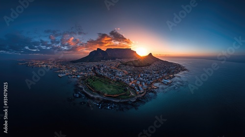 Aerial panorama of Cape Town at dusk, with the sun setting over Table Mountain and the city lights starting to glow.