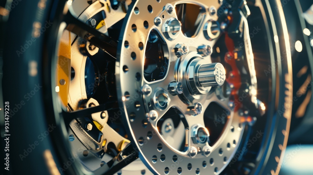 A detailed close-up of a motorcycle's chrome wheel and brake disc, highlighting its intricate design under warm, ambient light. A detailed close-up of a motorcycle's chrome wheel and brake disc, highlighting its intricate design under warm, ambient light.
