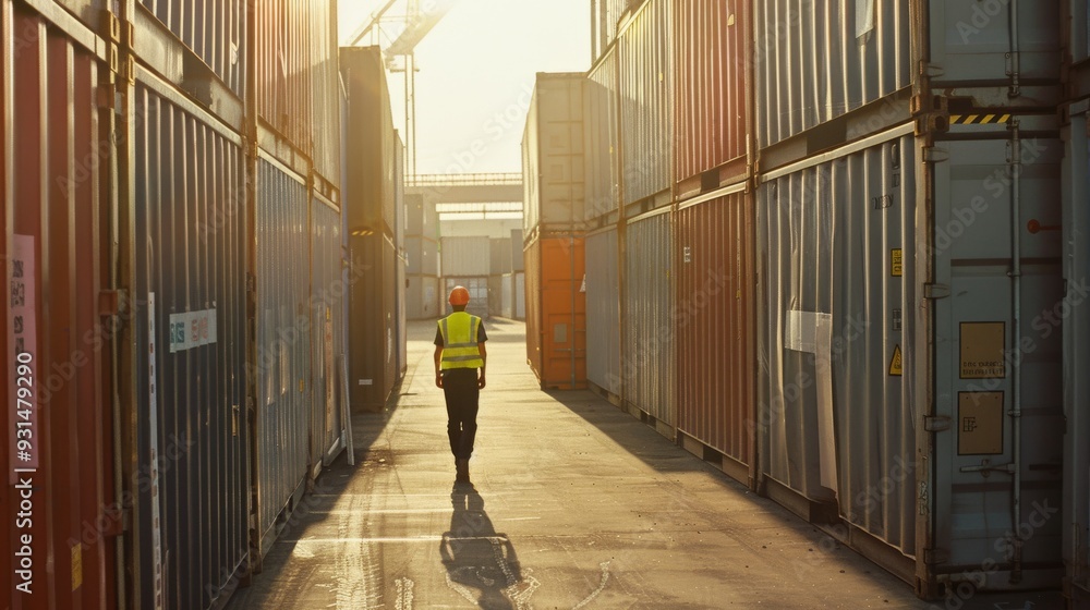 An industrial worker in a reflective vest and hard hat walks down an aisle between large shipping containers, bathed in sunset light. An industrial worker in a reflective vest and hard hat walks down an aisle between large shipping containers, bathed in sunset light.