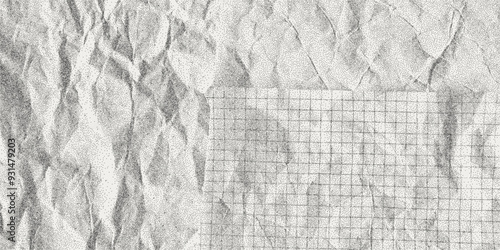 Black dusty textured background, sheets of crumpled checkered, dotted, craft paper. Noisy gritty dot halftone effect, vintage banner in grunge style, overlay. Torn out notebook pages.