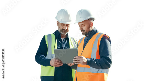 Construction worker engineer architect team at work with tablet pc isolated on transparent background. 