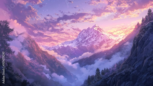 A scenic view of a snow capped mountain peak in the distance, with purple and pink clouds swirling in the sky above a valley.