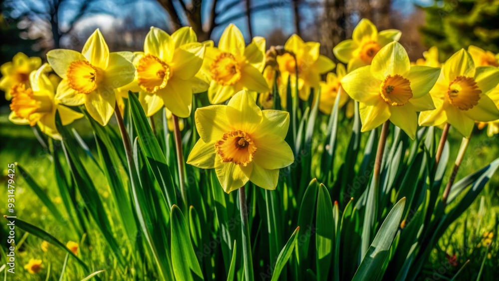 Vibrant yellow daffodils bloom amidst a sea of lush green grass, swaying gently in the breeze, filling the atmosphere with warmth and serenity. Vibrant yellow daffodils bloom amidst a sea of lush green grass, swaying gently in the breeze, filling the atmosphere with warmth and serenity.