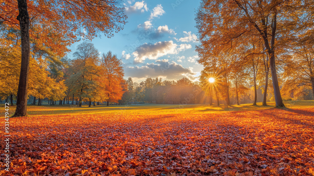 Fototapeta premium Beautiful autumn landscape. Colorful maple leaves on the ground. Defocused image, bokeh background.