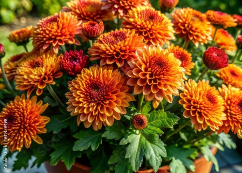 Vibrant orange chrysanthemum flowers burst with energy in a delicate pot, set against a serene garden backdrop, exuding warmth and coziness in a beautiful floral arrangement.
