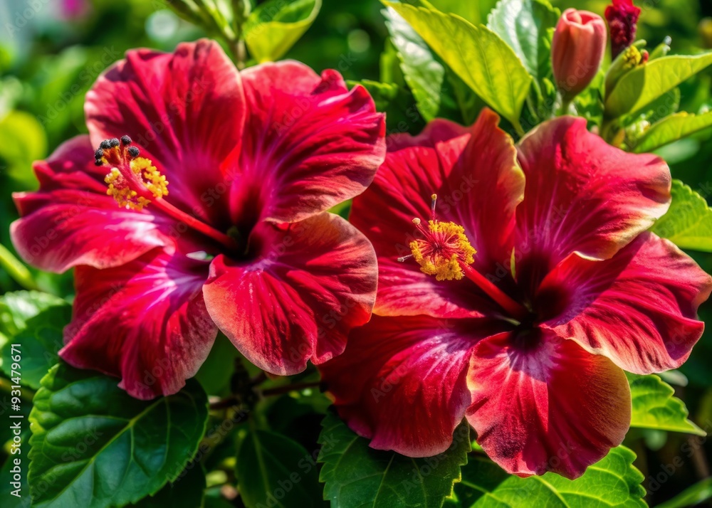 Obraz premium Vibrant red hibiscus flowers with delicate petals and prominent centers isolated on transparent background, showcasing exotic beauty and tropical essence in high definition.