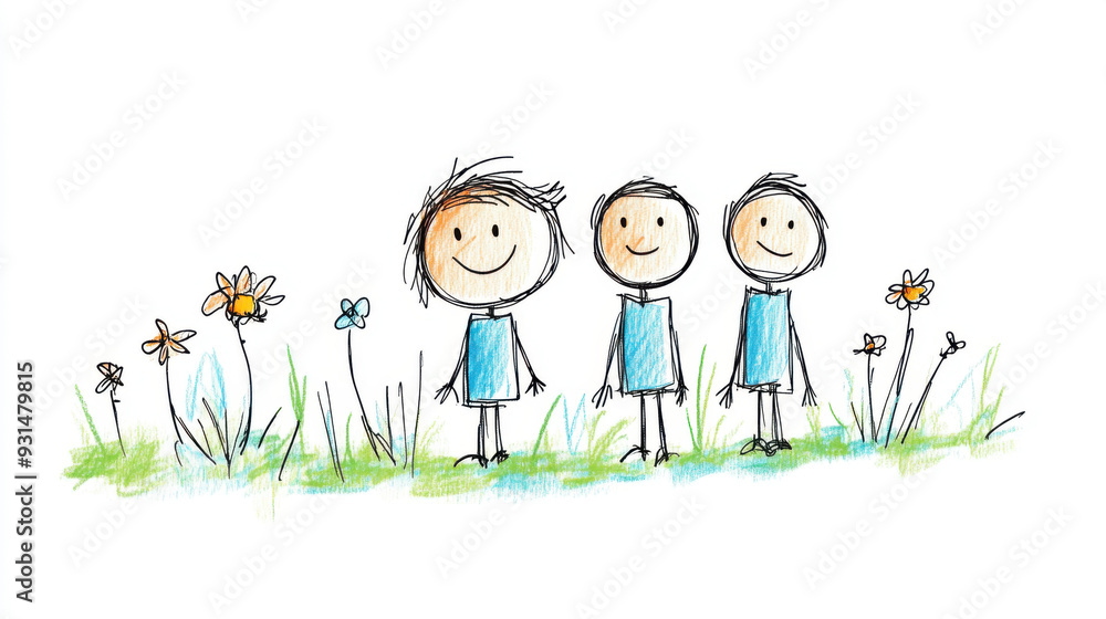 A playful hand-drawn illustration of three smiling children standing on grass, surrounded by simple flowers and nature. A playful hand-drawn illustration of three smiling children standing on grass, surrounded by simple flowers and nature.
