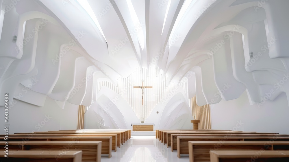 Fototapeta premium A stunning modern chapel interior with white, sculpted walls and wooden pews, illuminated by soft, ethereal light.