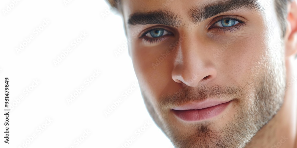 Fototapeta premium A man with a beard and blue eyes is smiling. He has a nice, clean shave. Concept of confidence and happiness