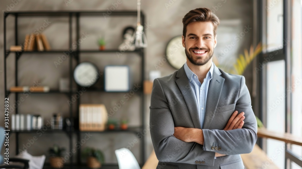 Fototapeta premium Smiling handsome businessman with crossed arms in modern office, young man exuding confidence, business success concept.