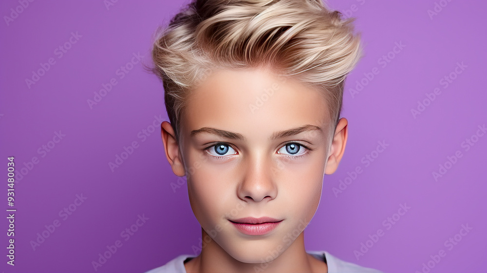 Portrait of a happy serious blond haired confident teenage guy with perfect skin, purple background, banner. Portrait of a happy serious blond haired confident teenage guy with perfect skin, purple background, banner.