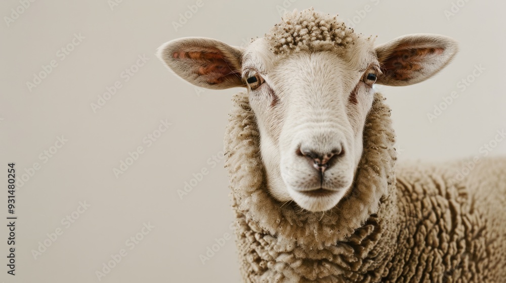 Fototapeta premium A sheep with a calm demeanor and well-groomed wool stands against a clean, pale background, evoking tranquility.