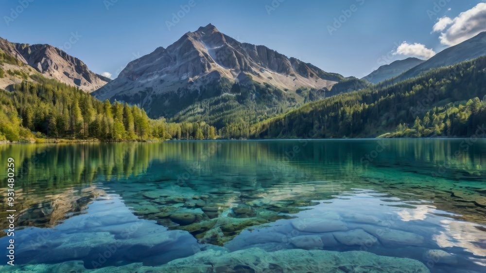 Clear blue lake with mountain reflection, panoramic shot